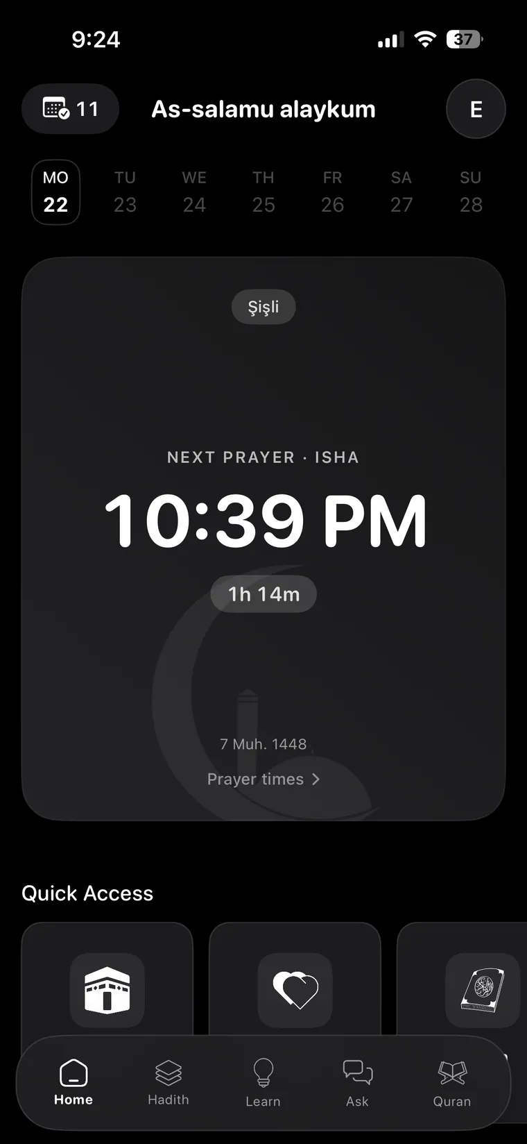 IslamGuide home screen showing prayer times