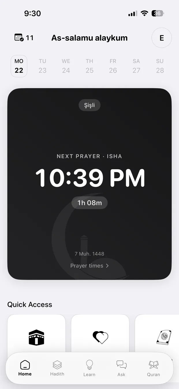 The prayer-times home screen